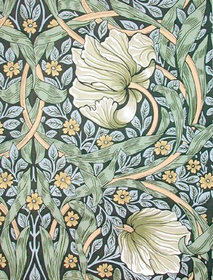 Art Nouveau artwork by William Morris, showing yellow and white flowers and green leaves amid spiralling plant stems.