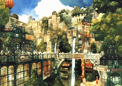 Artwork by Imperial Boy, showing a cityscape full of large buildings, interspersed with trees and greenery.