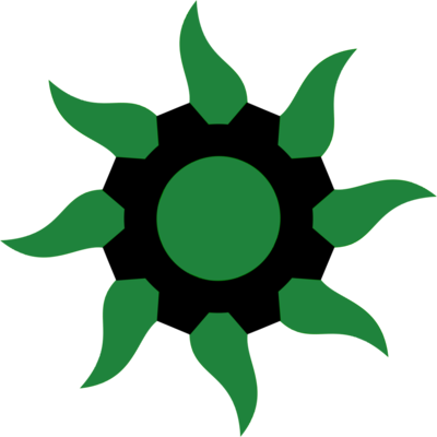 An eight-pointed green sunburst symbol, with the negative space between its arms and its ball making up a black cog