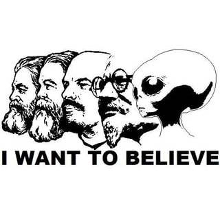 A communist thinker profile shot with Marx, Engels, Lenin, Trotsky and a grey alien 