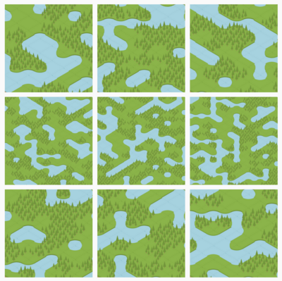3x3 grid of images of a vector based isometric world with water, grass and water tiles.