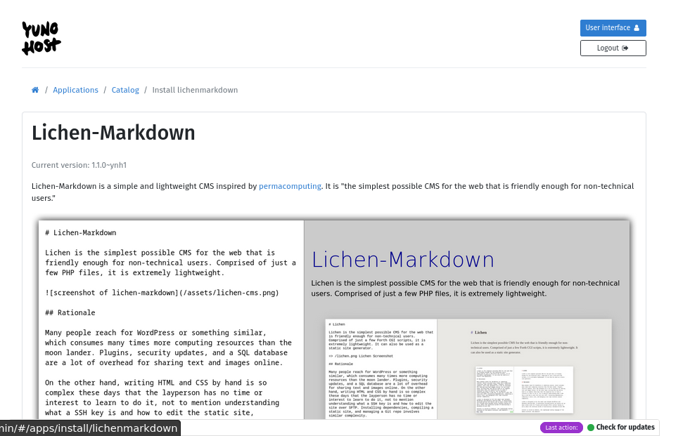 screenshot of lichen-markdown installation page in yunohost