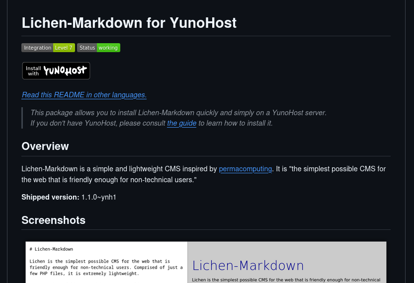 screenshot of lichenmarkdown_ynh github readme which shows its CI testing score of level 7 